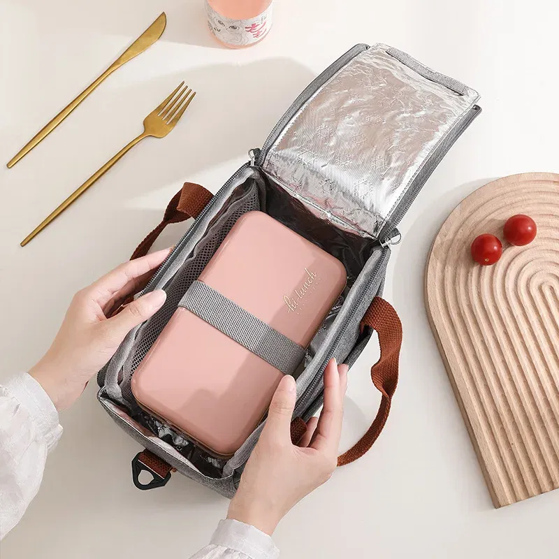 Color: GRAY - Portable Lunch Bag For OL Women Thermal Insulated Lunch Box Tote Cooler Handbag Waterproof Bento Pouch Office Food Shoulder Bags