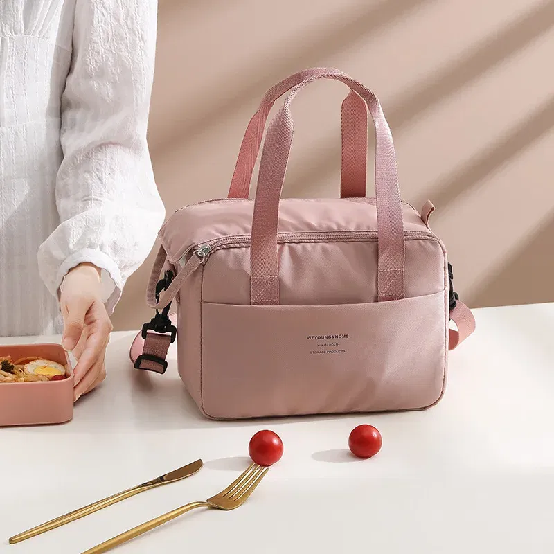 Color: GRAY - Portable Lunch Bag For OL Women Thermal Insulated Lunch Box Tote Cooler Handbag Waterproof Bento Pouch Office Food Shoulder Bags