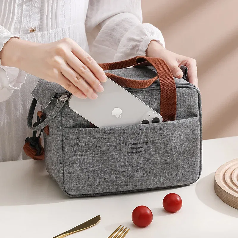 Color: GRAY - Portable Lunch Bag For OL Women Thermal Insulated Lunch Box Tote Cooler Handbag Waterproof Bento Pouch Office Food Shoulder Bags