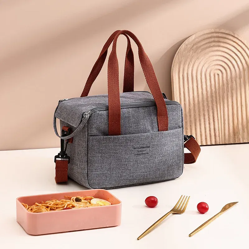 Color: GRAY - Portable Lunch Bag For OL Women Thermal Insulated Lunch Box Tote Cooler Handbag Waterproof Bento Pouch Office Food Shoulder Bags