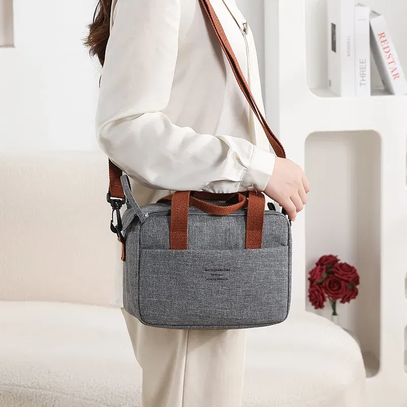 Color: GRAY - Portable Lunch Bag For OL Women Thermal Insulated Lunch Box Tote Cooler Handbag Waterproof Bento Pouch Office Food Shoulder Bags