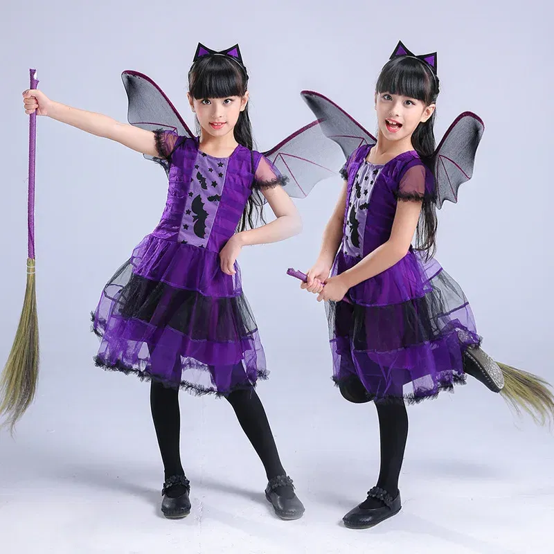 Kid Size: 15t, Color: Pink - Halloween Children Purple Vampire Costume Girls Dress Kids Clothes Baby Bat Spider Party Cosplay Headband +Wing Outfit
