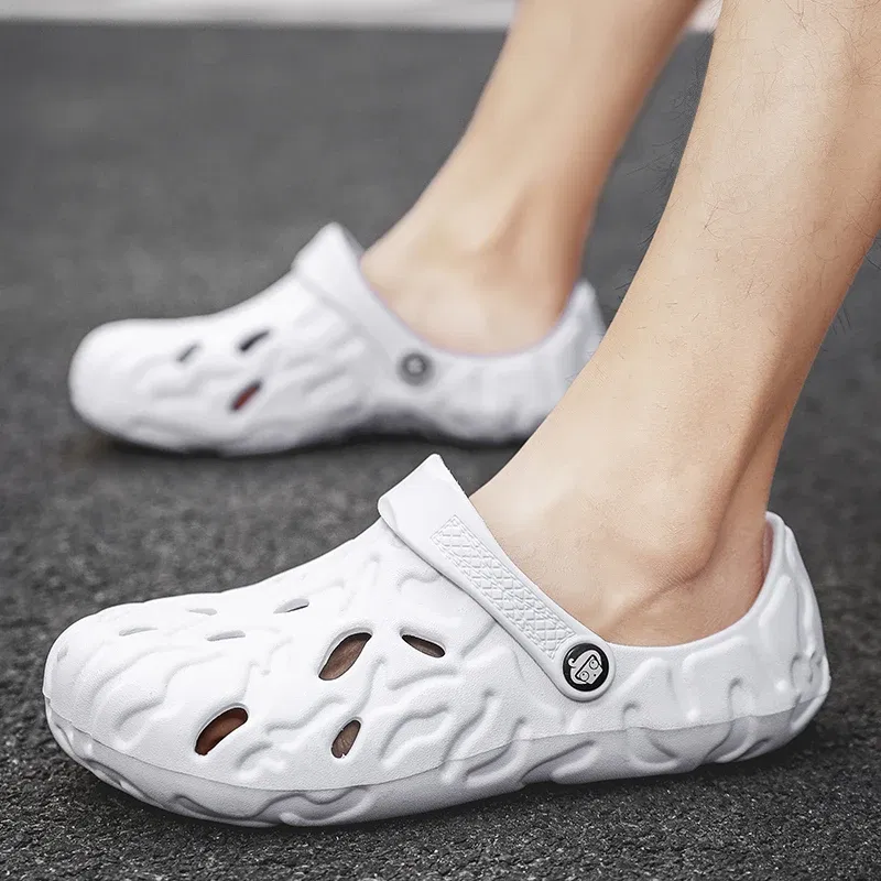 Color: Beige, Shoe Size: 45 - Men Summer Slippers Thick Sole Mens Clogs Sandals Hollow Breathable Flip Flops Sandals Shoes Fashion Beach Slippers