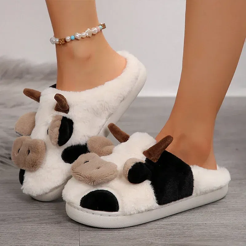Shoe Size: 42-43 - Ladies' Winter Slippers Cute Cartoon Heart Animal Cow Fur Warm Cotton Anti-Slip Home Comfortable Girls' Footwear