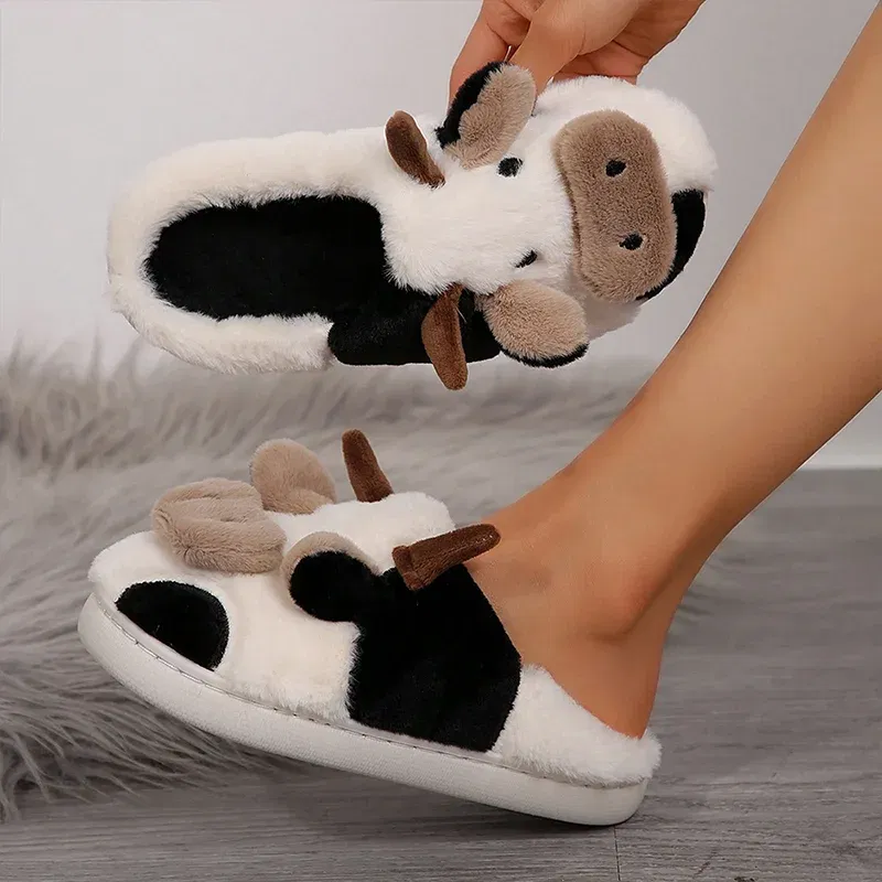 Shoe Size: 42-43 - Ladies' Winter Slippers Cute Cartoon Heart Animal Cow Fur Warm Cotton Anti-Slip Home Comfortable Girls' Footwear