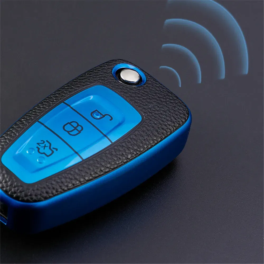 Color Name: champagne - Leather TPU Car Key Case Cover for Ford Ranger C-Max S-Max Focus Galaxy Mondeo Transit Tourneo Custom Auto Key Holder Keychain