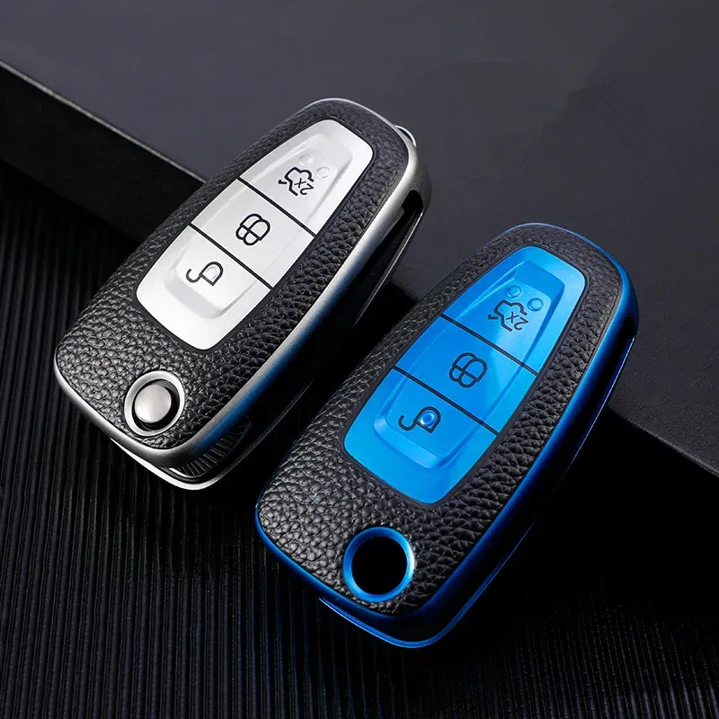 Color Name: champagne - Leather TPU Car Key Case Cover for Ford Ranger C-Max S-Max Focus Galaxy Mondeo Transit Tourneo Custom Auto Key Holder Keychain