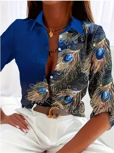 Color: Khaki, Size: XL - Fashionable Ladies Trendy Long Sleeved Shirt With Feather Gemstone Print Buttons Lapel Shirt Sleeves Autumn Elegant Ladies Shirt