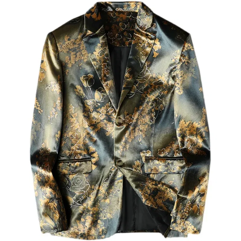 Vintage Flower Velvet Men Blazers Luxury Casual Slim Fit Suit Jacket Business Social Office Dress Coat Street Wear Men Clothing