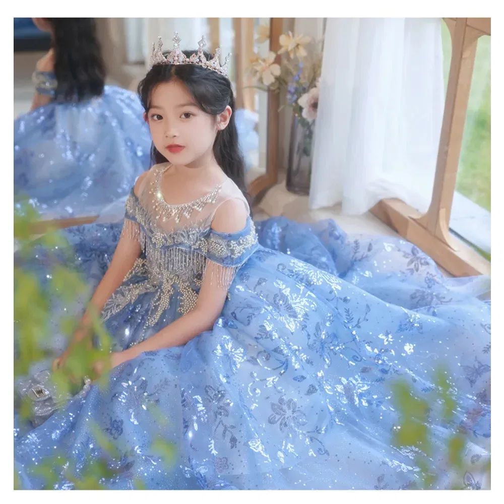 Color: MULTI, Kid Size: 12T - Children's Dress Princess Dress Fluffy Gauze Flower Girl Heavy Industry Trailing Catwalk Small Host Piano Performance