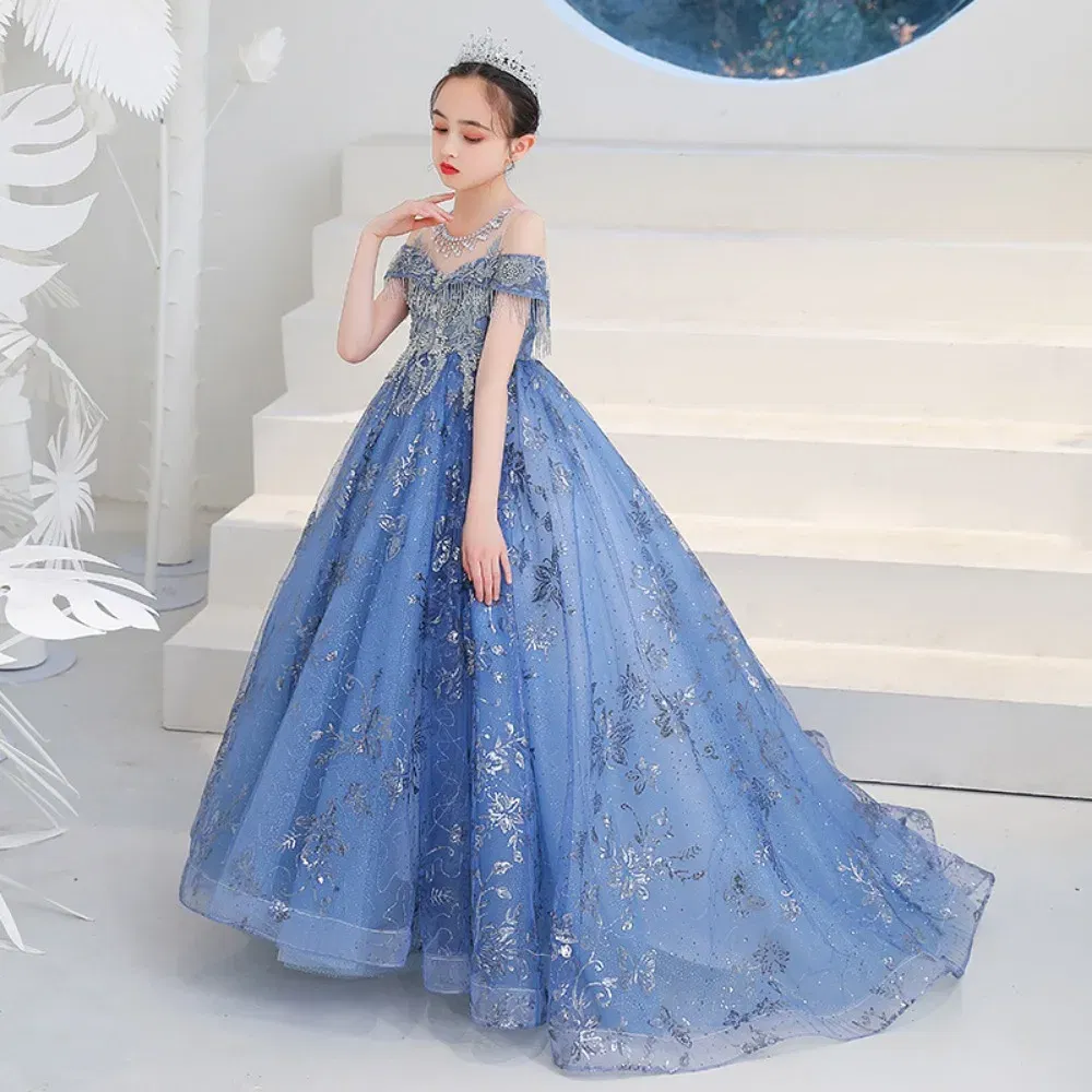 Color: MULTI, Kid Size: 12T - Children's Dress Princess Dress Fluffy Gauze Flower Girl Heavy Industry Trailing Catwalk Small Host Piano Performance