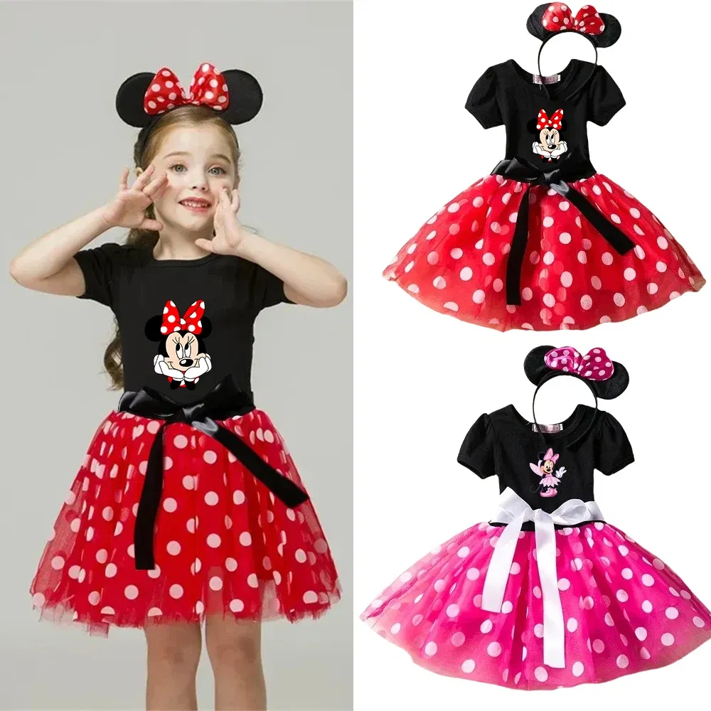 Color: GRAY, Kid Size: 3T - Mickey Minnie Mouse Baby Girls Cosplay Costume Kids Fancy Polka Dot Dress Princess Dress Children Birthday Party Clothing Gift