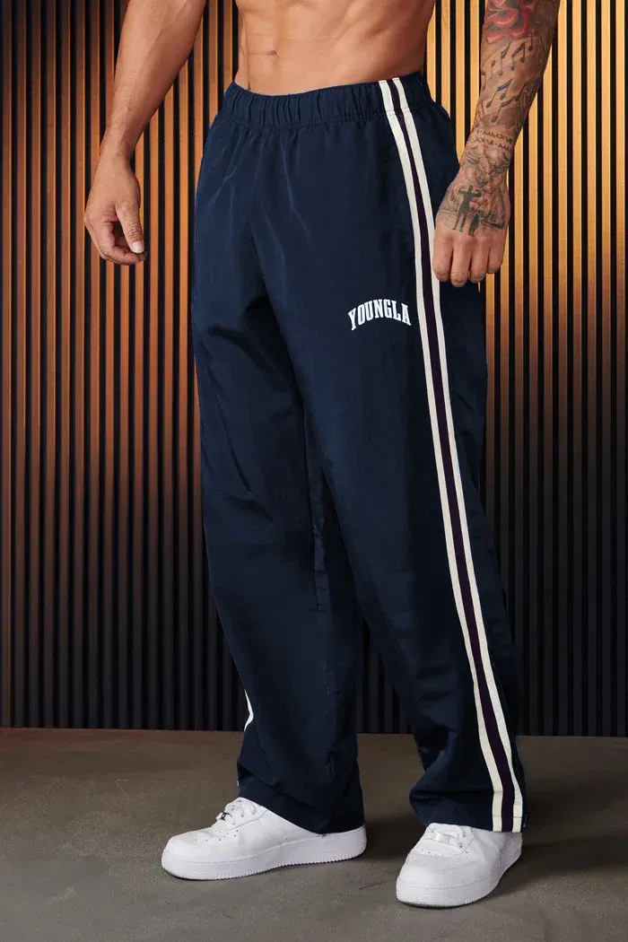Color: Champagne, Size: XXL - Jogger Men's Sweatpants Gym Sports Fitness Splicing Strips Printing Mid Waist Casual Pants Ya Fashion Men Clothing Wide Leg Pan