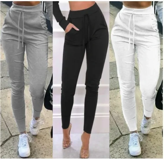 Air High Waisted Drawstring Side Pocket Plain Full Length Joggers
