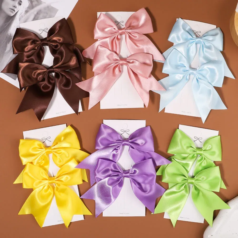 Color: Sky blue - 2Pcs/set Delicate Ribbon Cheer Bows Hair Clip for Kids Solid Color Hairpins Barrettes Handmade Headwear Girl Hair Accessories