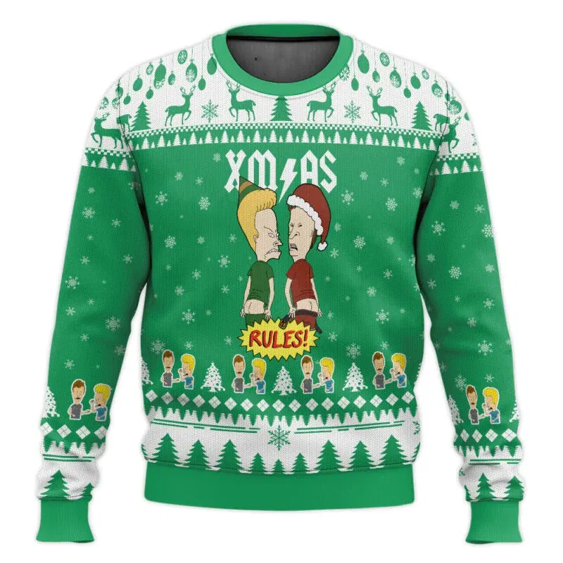 Color: GRAY, Size: XXL - Xmas Rock Beavis and Butthead Ugly Christmas Sweater Cartoon Anime Women Men Pullover Tops New Fashion Couple Hoodie Sweatshirt