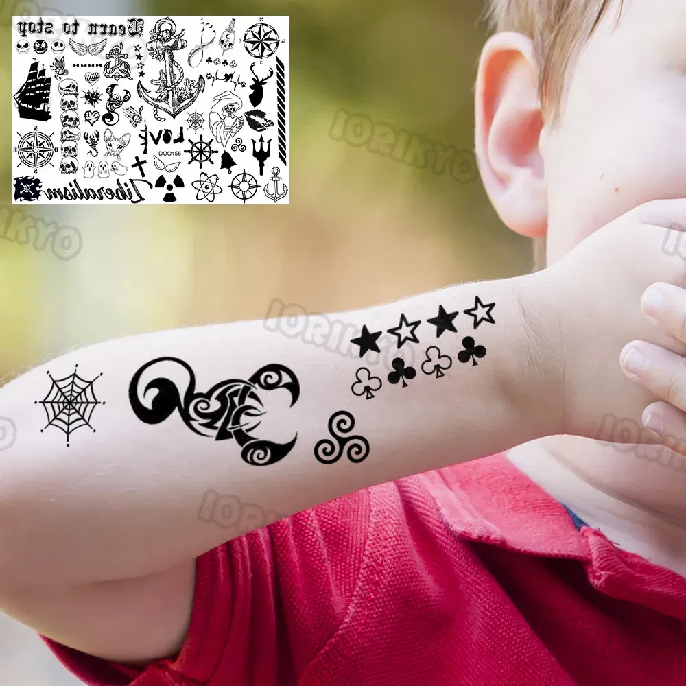 Color: green - Anchor Pirate Temporary Tattoos For Kids Toddler Boy Adult Men Women Black Whale Tattoo Sticker Fake Transfer Small Tatto Face