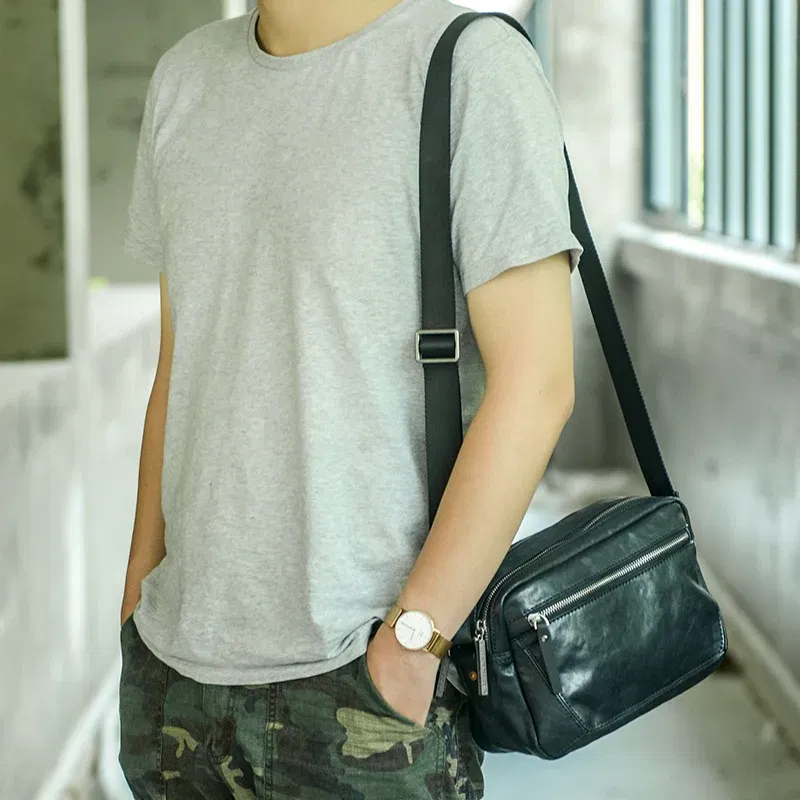 New Men's Leather Shoulder Bag Head Layer Cowhide Mini Casual Small Satchel Handmade Fashion Messenger Bags Black Yellow Cowhide