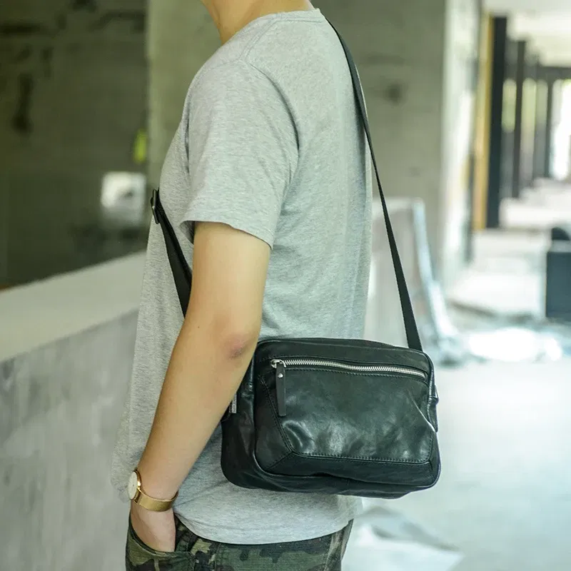 New Men's Leather Shoulder Bag Head Layer Cowhide Mini Casual Small Satchel Handmade Fashion Messenger Bags Black Yellow Cowhide