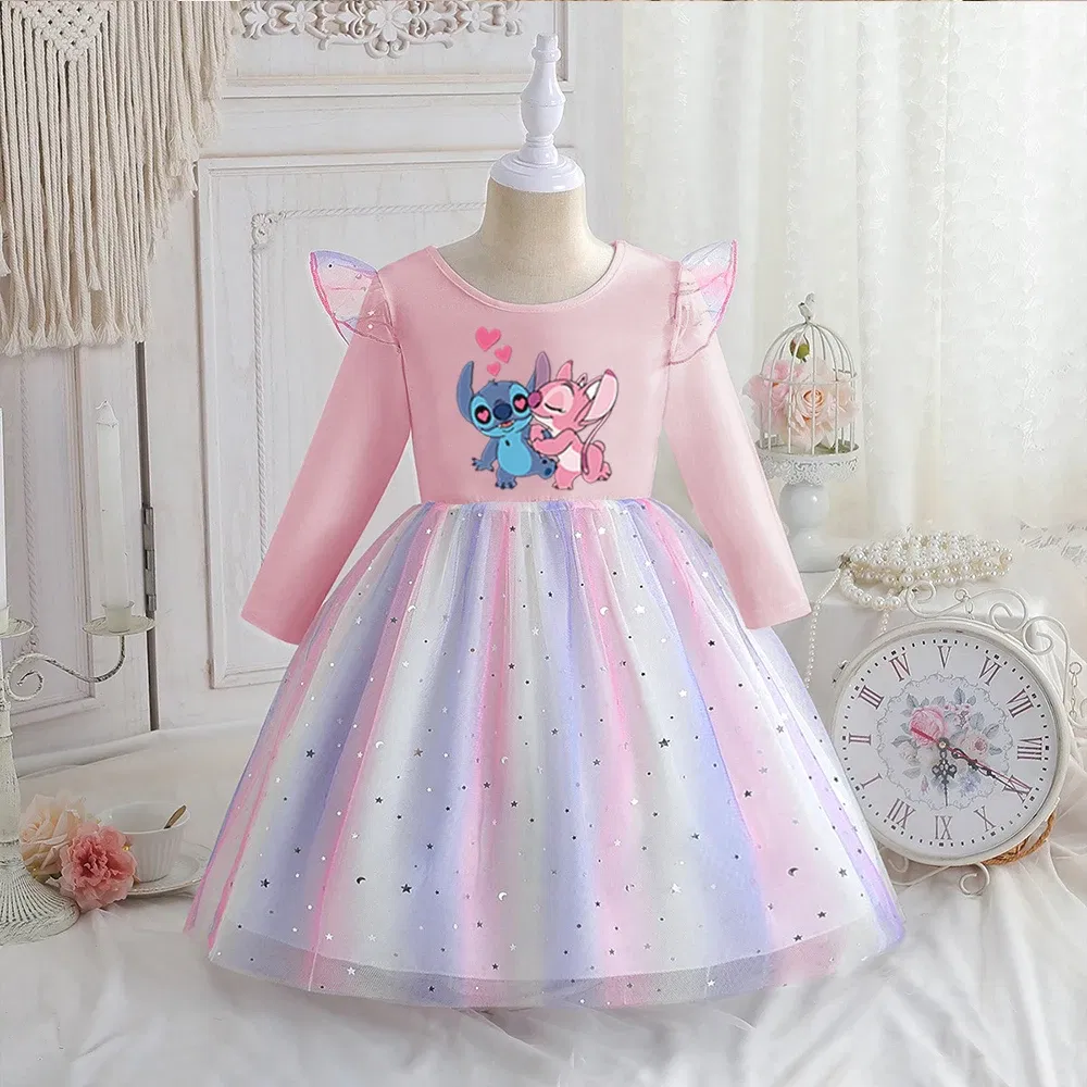 Color: army green, Kid Size: 5 - Stitch Princess Dress Autumn New Disney Baby Girls Dress Spring Autumn Long-sleeved For Children Kids Clothes Birthday Party