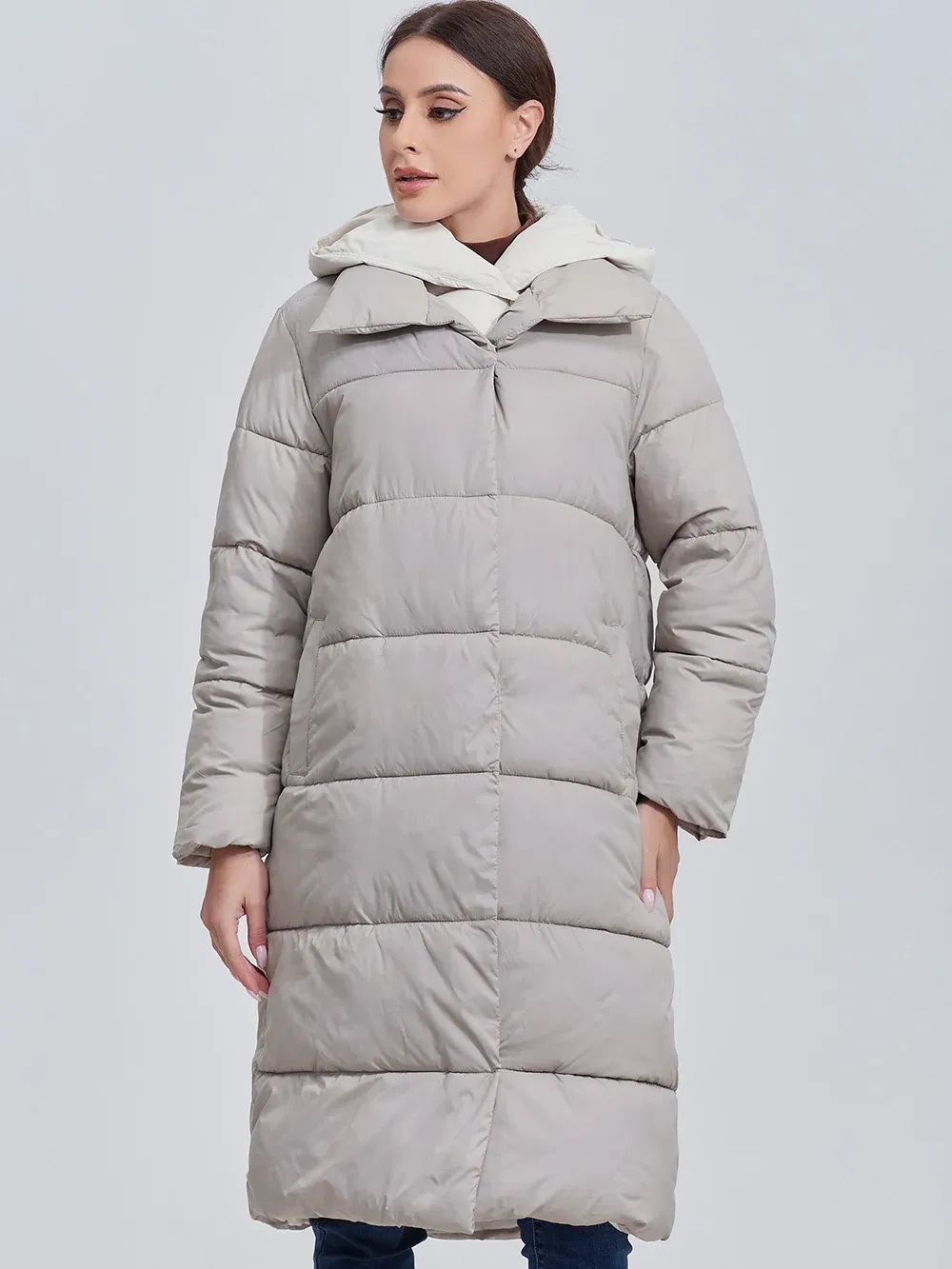 Color: Khaki, Size: XL - Marwin 2023 Winter Elegant Women's Cotton Coat Stylish Collar Long Warm Hooded Jacket Female Windproof Parka