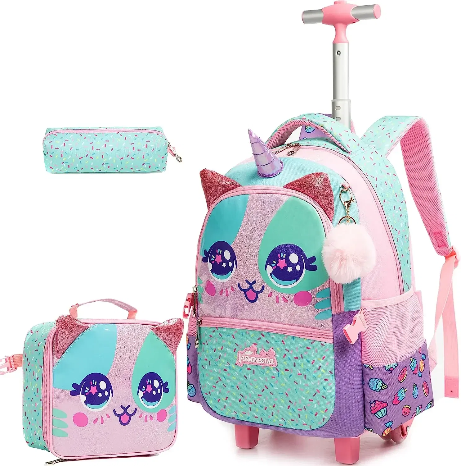 Color: Pink, Ships From: CHINA - BIKAB Kids Rolling Backpack for Girls Cute Sequin Cat Backpacks with Wheels for Elementary Students with Lunch Box for Girls