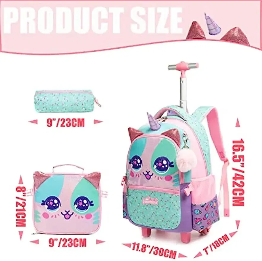 Color: Pink, Ships From: CHINA - BIKAB Kids Rolling Backpack for Girls Cute Sequin Cat Backpacks with Wheels for Elementary Students with Lunch Box for Girls