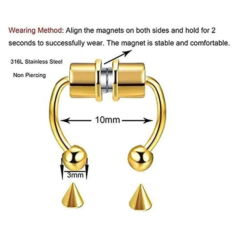 Metal color: Light Yellow Gold Color - Women Fake Piercing Nose Ring Hoop Septum Non Piercing Nose Clip Rock HipHoop Stainless Steel Magnet Fashion Punk Body Jewelry
