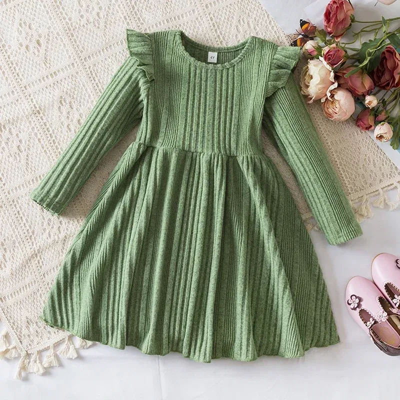 Color: green, Kid Size: 9 - Autumn and Winter Girls Knitted Sweater Dress Solid Color Soft Long Sleeve Dress Children Christmas Costume Birthday Casual Wear