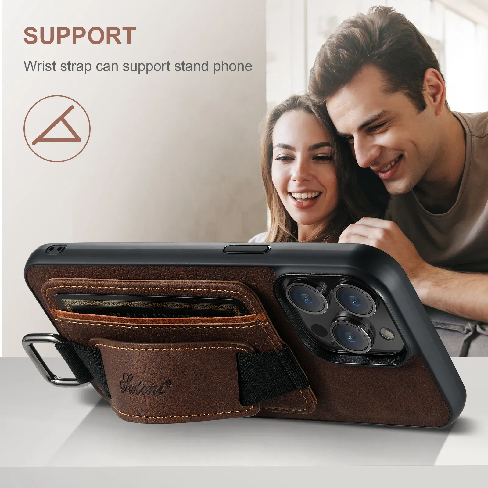 Color: black, Material: Cotton - SUTENI Lychee skin print wrist strap card phone case Card holder for iPhone 16 ProMax 15 Plus 14 13 12 11 XR XS Black/blue/brown