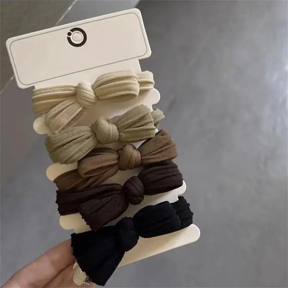 Color: SKY BLUE - 5pcs/Set Simple Bow Hair Ties Ropes Colorful Elastic Seamless Ponytail Holder Rubber Band For Toddler Girls