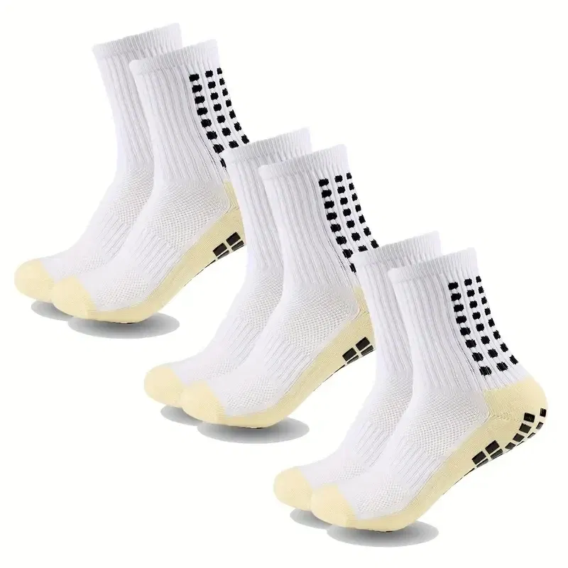 Color: WHITE - 3 Pairs Anti-slip Football Socks Men Women Sports Socks Thickened Breathable Comfortable Football Basketball Running Grip Socks