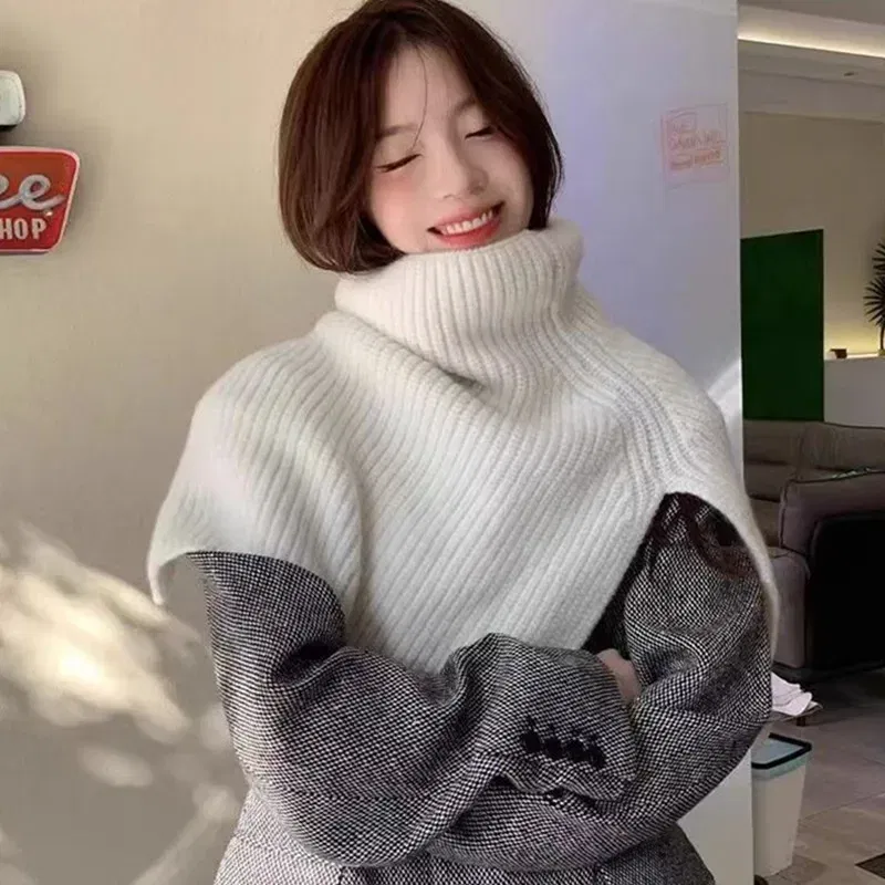 Color: green, Size: One Size - Pullover Scarf Knitted Shawl Winter Scarf False Collar Coat Bib Warm Scarf Turtleneck Slit Jumper Shawl Clothes Accessories