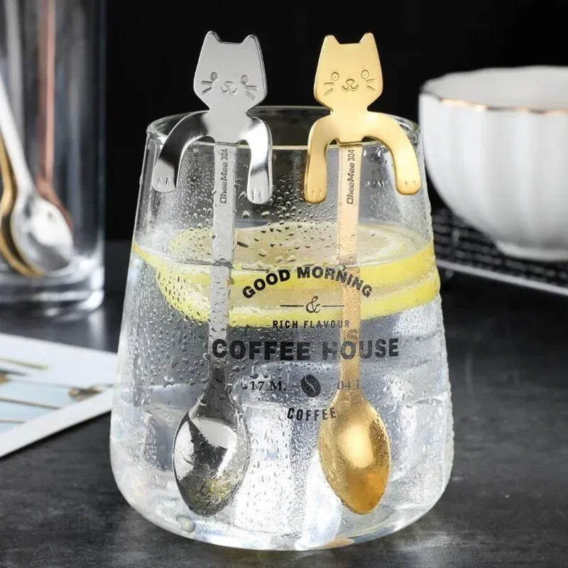 Color: Silver - Stainless Steel Coffee Spoon Lovely Cute Cat Shape Teaspoon Dessert Snack Scoop Ice Cream Mini Spoons Tableware Kitchen Tools