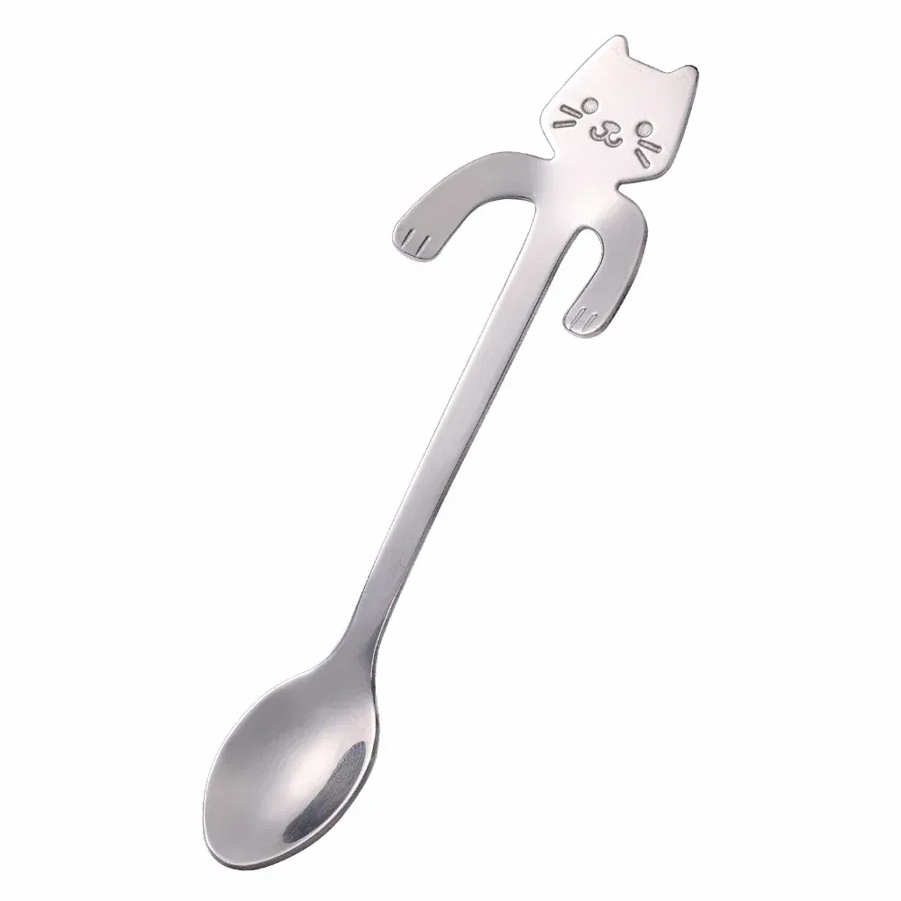 Color: Silver - Stainless Steel Coffee Spoon Lovely Cute Cat Shape Teaspoon Dessert Snack Scoop Ice Cream Mini Spoons Tableware Kitchen Tools