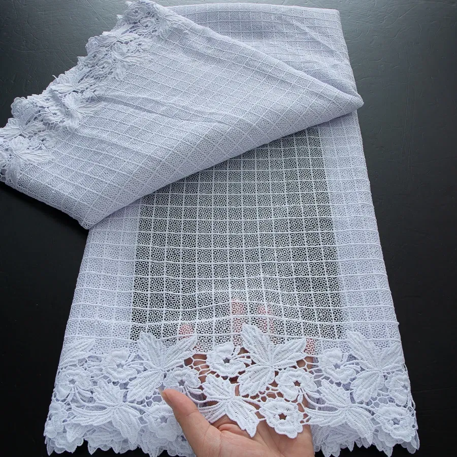 Guipure Lace Fabric High Quality 5 Yards Knitted White Nigerian African Sequins Cord Lace Fabric Dress for Women A4070