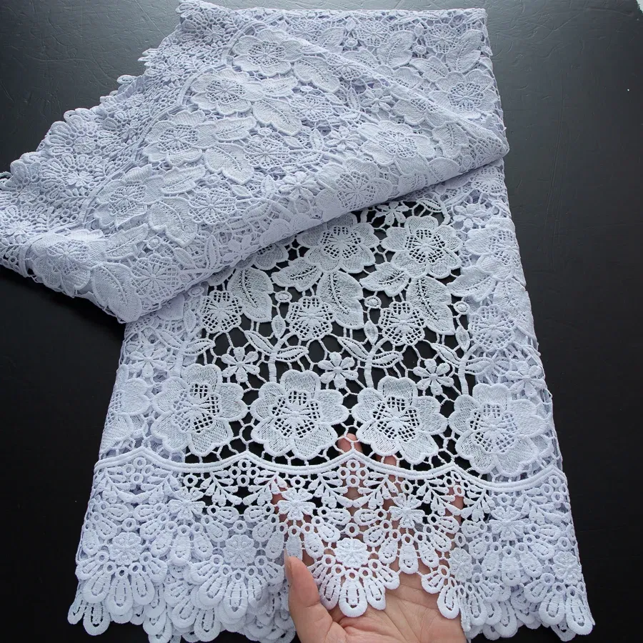 Guipure Lace Fabric High Quality 5 Yards Knitted White Nigerian African Sequins Cord Lace Fabric Dress for Women A4070