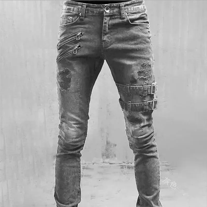 Color: Brown, Size: L, Ships From: CHINA - Men's Punk Hip Hop Black Fashion Jeans Spring summer New Rock Motorcycle Street Wear Tight Casual Denim pants Straight leg pants