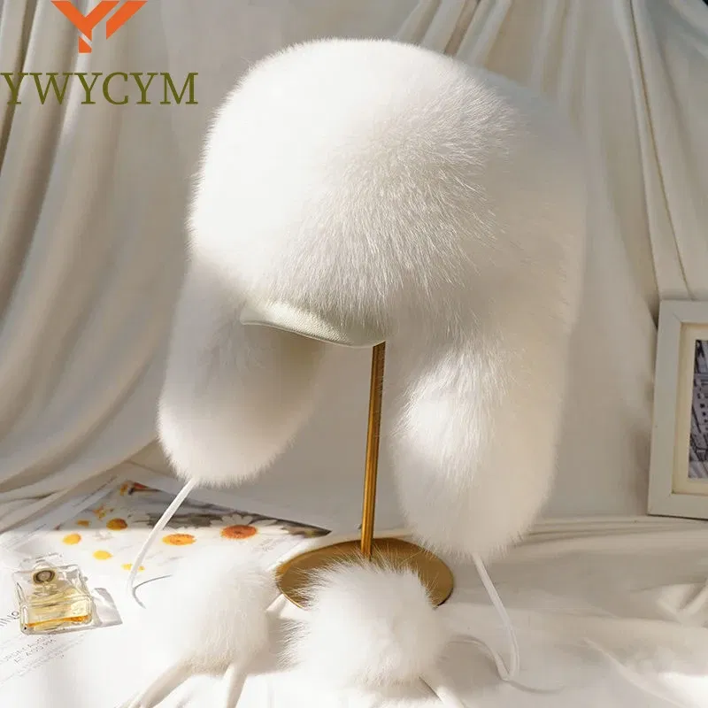 Color: WHITE, Hat Size: One Size - Real Fur 100% Fox Skin Russian Businessmen Pilot Bombers Full Mao Men's hat Ushanka Winter Ear Guard Hat Raccoon Fur Beanie hat
