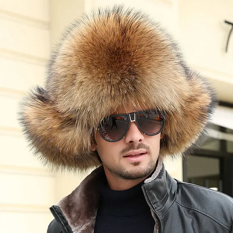 Color: WHITE, Hat Size: One Size - Real Fur 100% Fox Skin Russian Businessmen Pilot Bombers Full Mao Men's hat Ushanka Winter Ear Guard Hat Raccoon Fur Beanie hat