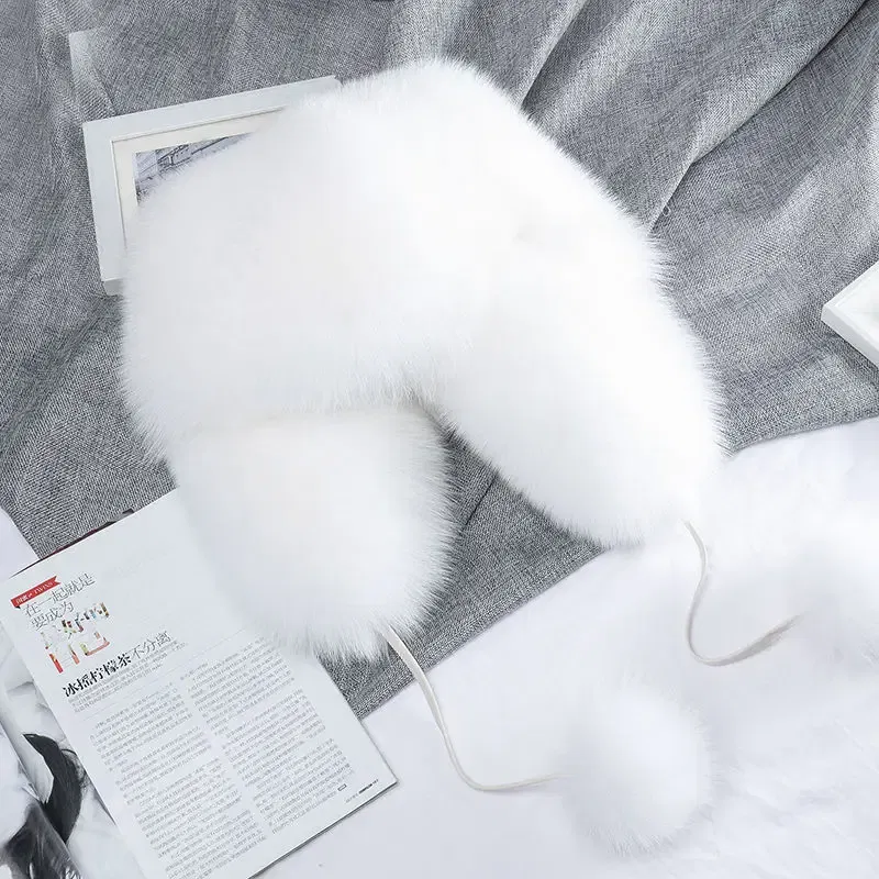 Color: WHITE, Hat Size: One Size - Real Fur 100% Fox Skin Russian Businessmen Pilot Bombers Full Mao Men's hat Ushanka Winter Ear Guard Hat Raccoon Fur Beanie hat