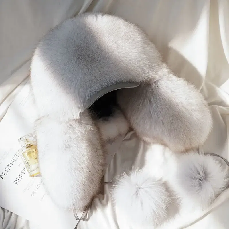 Color: WHITE, Hat Size: One Size - Real Fur 100% Fox Skin Russian Businessmen Pilot Bombers Full Mao Men's hat Ushanka Winter Ear Guard Hat Raccoon Fur Beanie hat