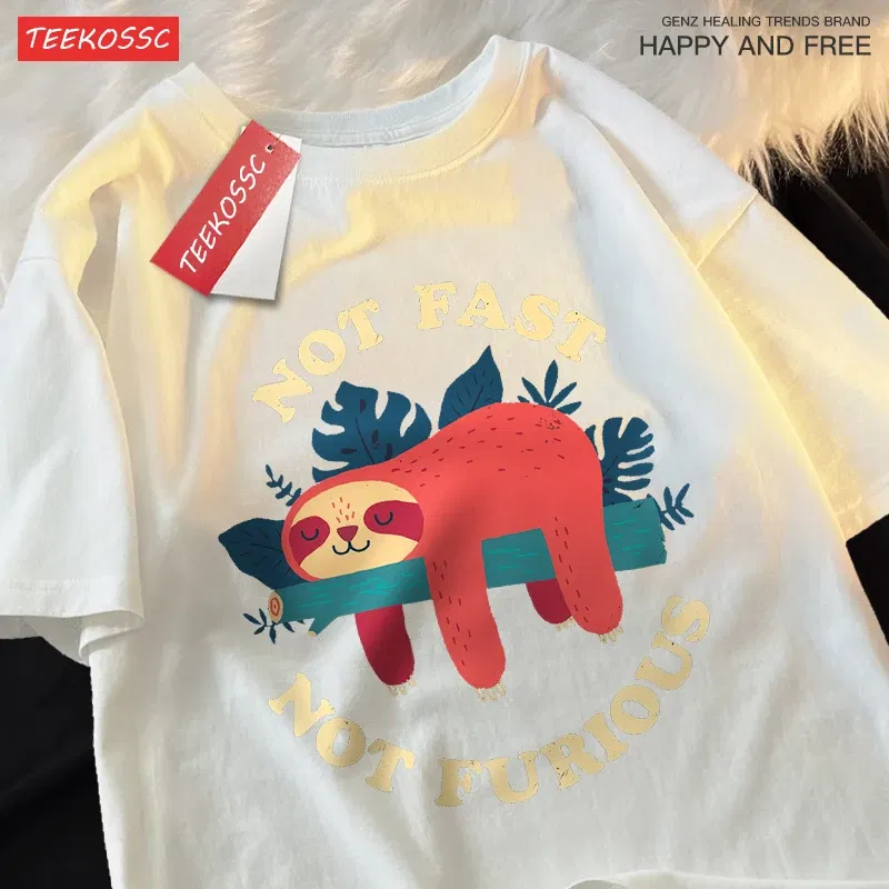 Color: Blue, Size: XXXL - Not Fast Not Furious Cute Sloth Male T Shirts Hip Hop Crewneck Short Sleeve Summer Cotton Tops Casual Sweat Oversized T-Shirts