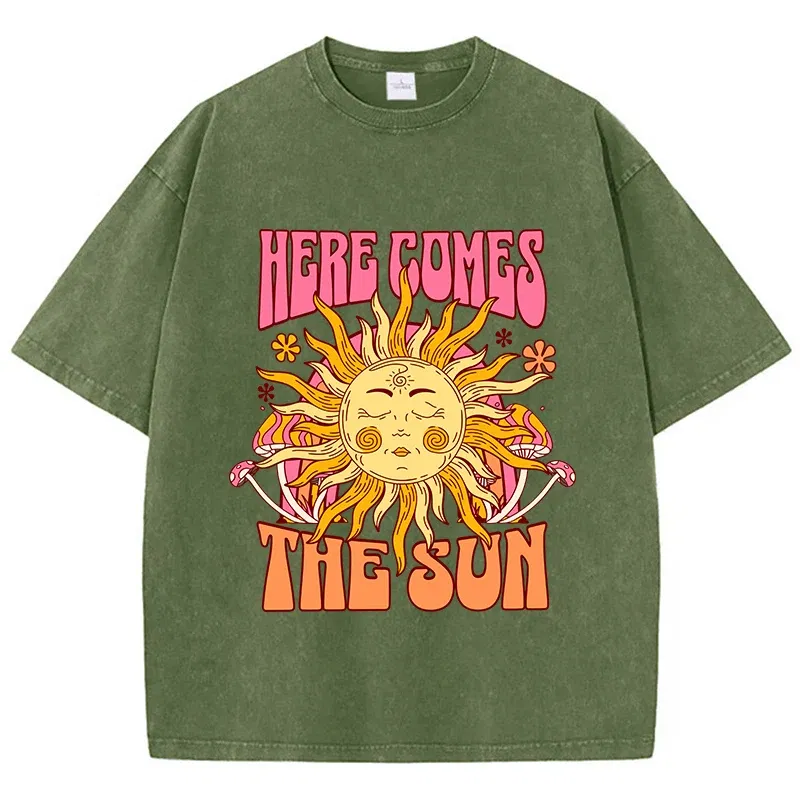 Color: army green, Size: XS - Oversize Women's Washed T-Shirt Cotton Here Comes The Sun Prints T Shirts Casual O-Neck Short Sleeve Tops Loose Women's Clothes