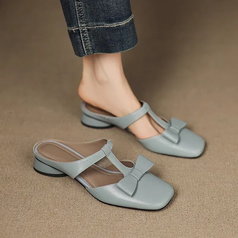 Color: LIGHT BLUE, Shoe Size: 38 - New Spring Summer Butterfly-Knot Patent Leather Pointed Toe Women Slippers Fashion Thin High Heels Mules Shoes Elegant Pumps