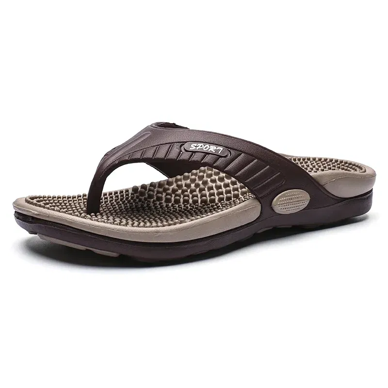 Color: Brown, Shoe Size: 45 - Massage Flip Flops for Men Summer Breathable Beach Shoes Sandals Men Luxury Flip Flops Breathable Plus Big Size Men Slippers 46