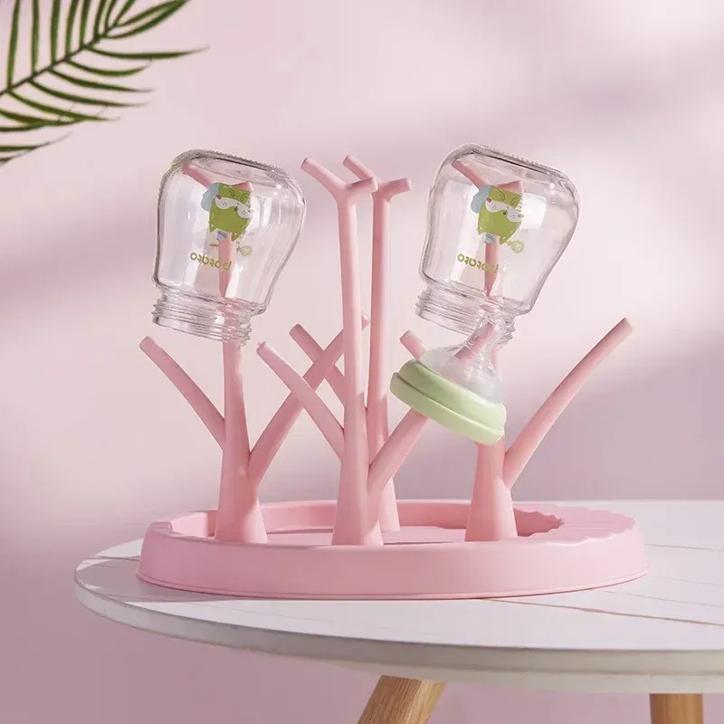 Color: Pink - Baby Bottle Holder Cleaning Dryer Drainer Removable Baby Bottle Drying Rack Storage Rack Tree Shape Rack for Babies Bottles Item