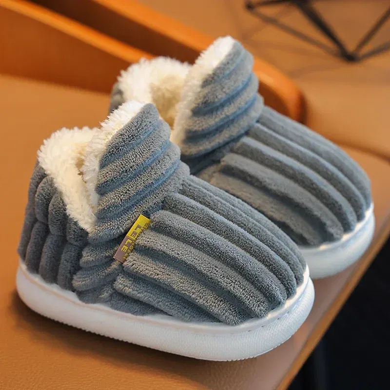 Color: GRAY, Shoe Size: 1 - New Winter Concise Stripe Plush Slippers Children's Non-slip Soft Sole Kids Boys Girls Heel Wrap Warm High Home Cotton Shoes