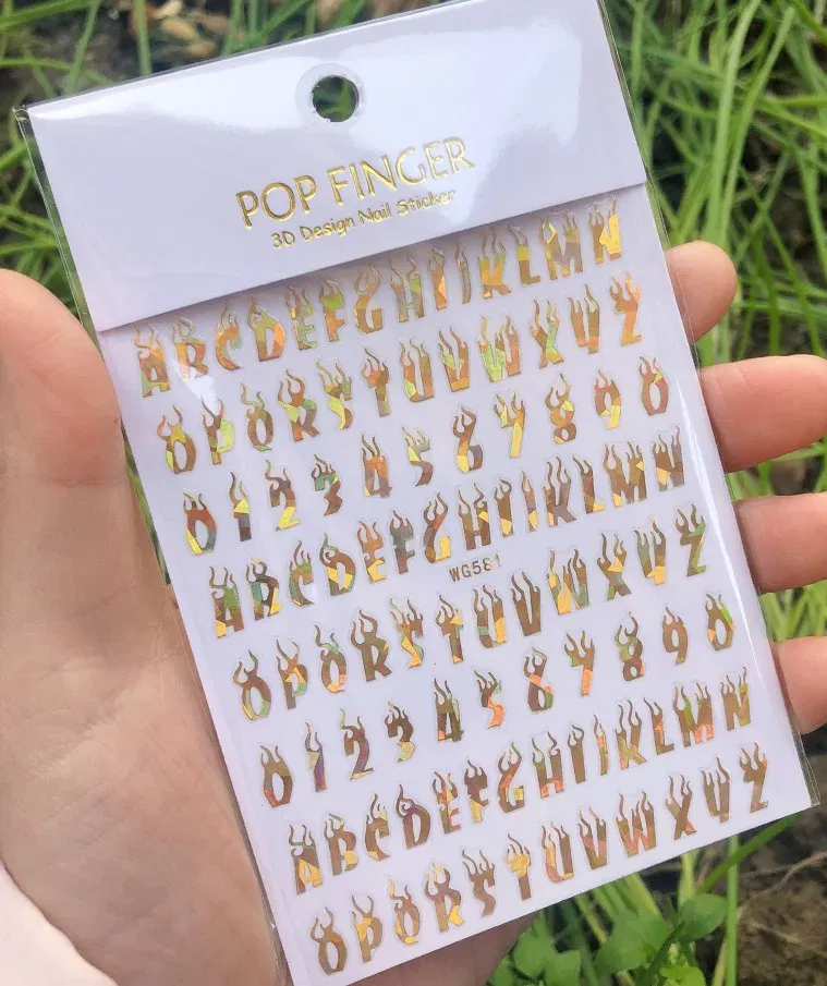 Color: Orange - 1PCS New English Alphabet Nail Stickers Multi-Color Laser Reflective Nail Slider Art Cool Text Nail Kit