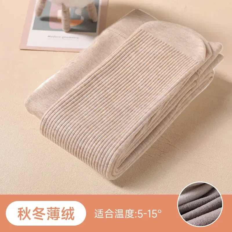 Color: Beige, Size: M - Autumn Winter New Thin Plush Vertical Stripe Solid Color Girls' Pantyhose With Plush Warm Children's Bottom Socks and Panties